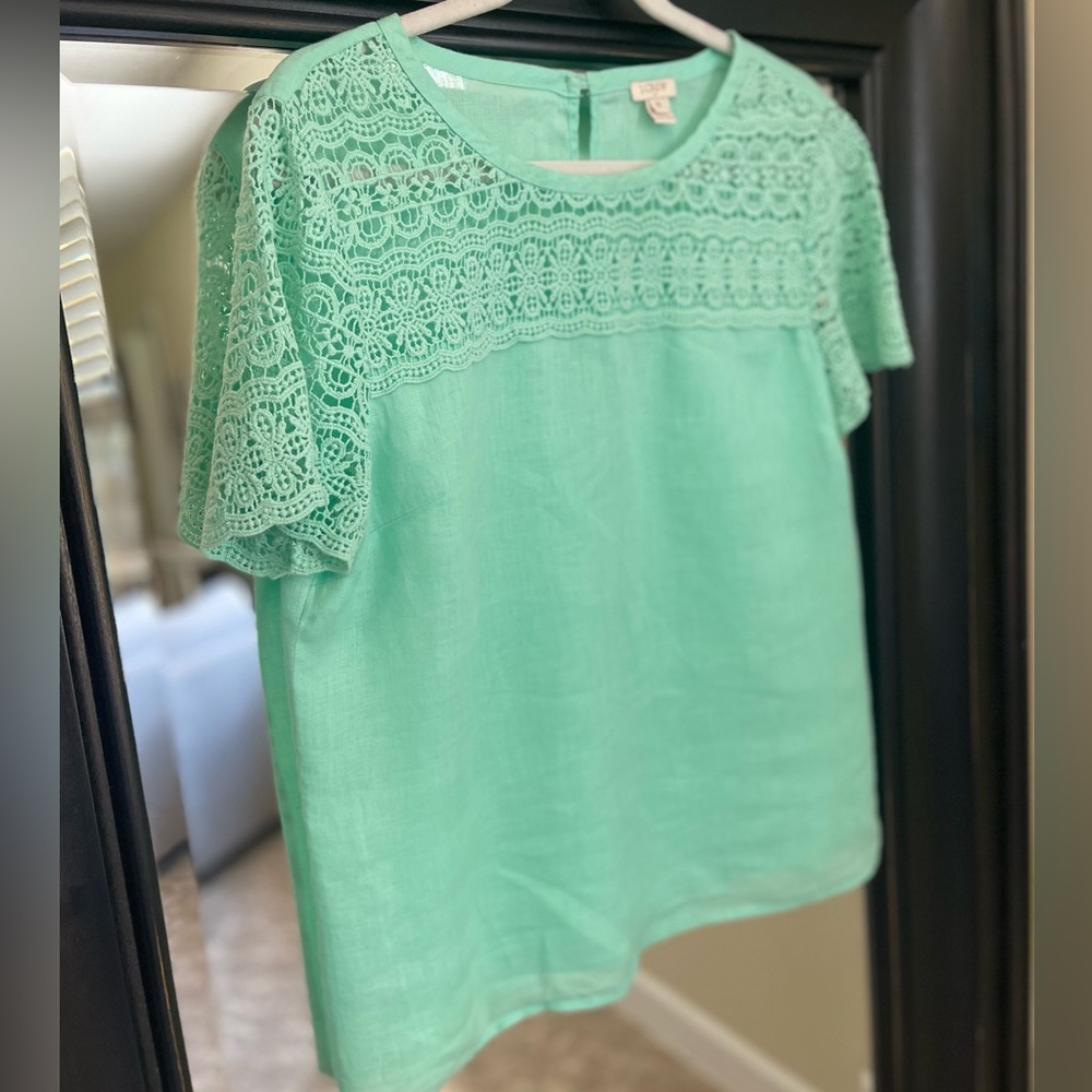 J. Crew Factory Linen Green Lace Short Sleeve‎ Shirt Size 10
